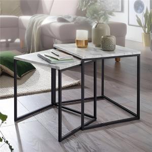 SET DE 2 MESAS AUXILIAR BASE METAL NEGRO TAPA MARMOL BLANCO